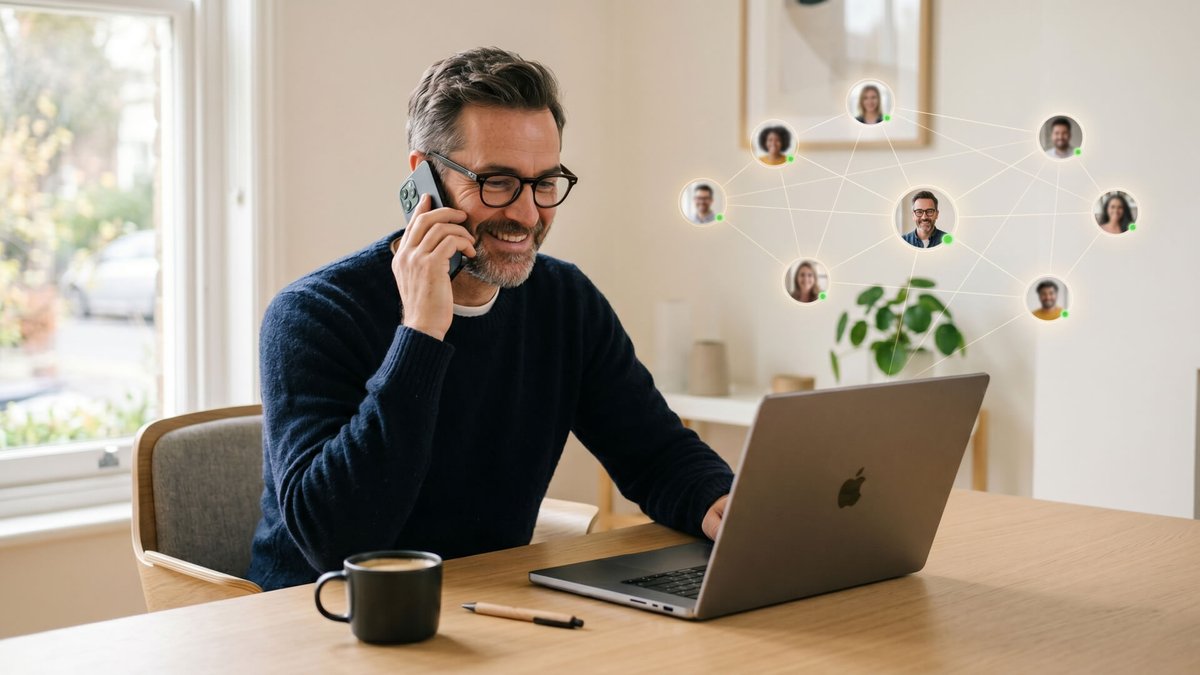 A smiling man talks on a phone and uses a laptop, with a digital network of connected user avatars superimposed.