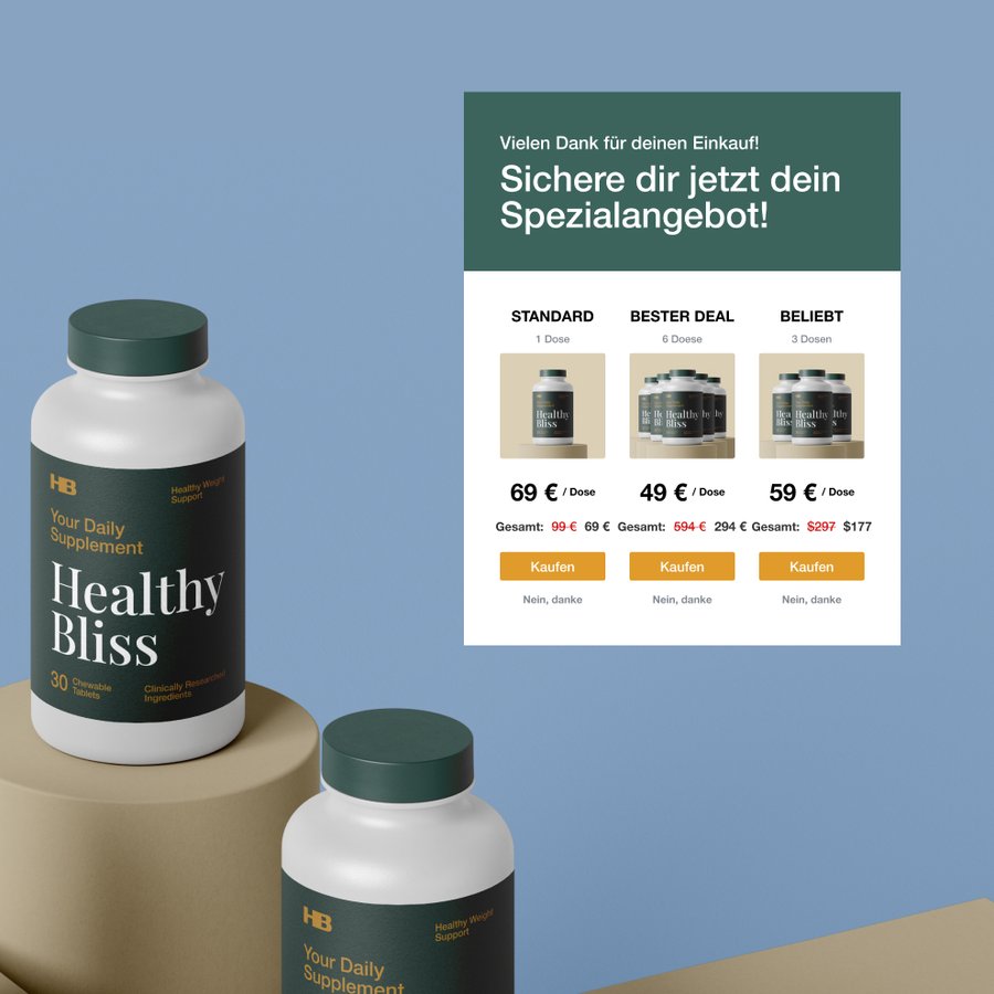 Two bottles of Healthy Bliss daily supplement next to a German pop-up promoting special purchase offers.