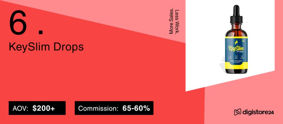 Advertisement for KeySlim Drops liquid supplement in a dropper bottle, showing AOV $200+ and 60-65% commission.