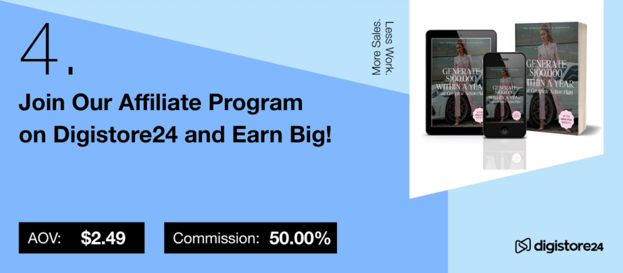 Digistore24 affiliate program ad: Join and Earn Big! with 50% commission, featuring a course titled "Generate $100,000 Within a Year."