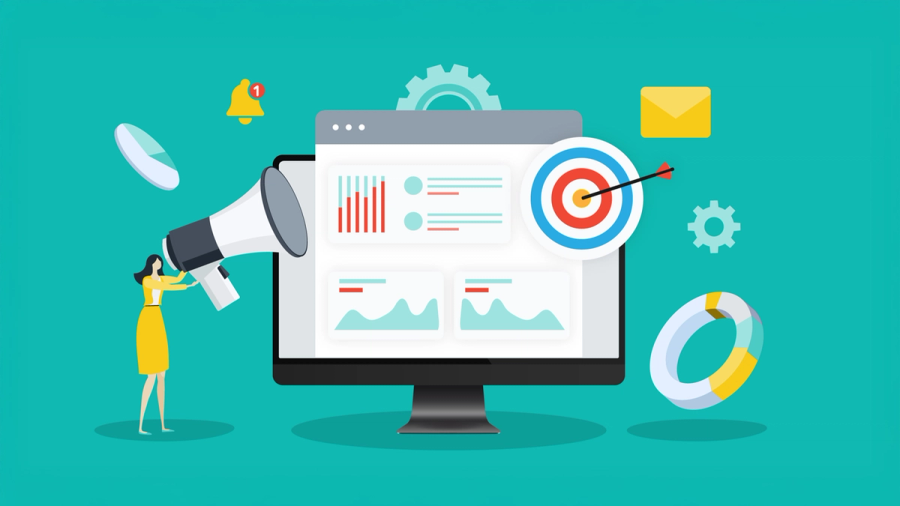 Illustration of a person holding a megaphone next to a computer displaying charts and a target with an arrow, representing digital marketing and analytics.