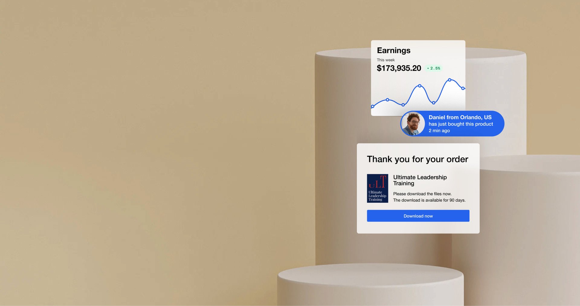 Digital interface showing earnings, a new customer purchase notification, and an "Ultimate Leadership Training" order confirmation.