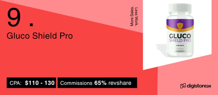 Gluco Shield Pro supplement bottle with affiliate program details: CPA $110-130, 65% revshare.
