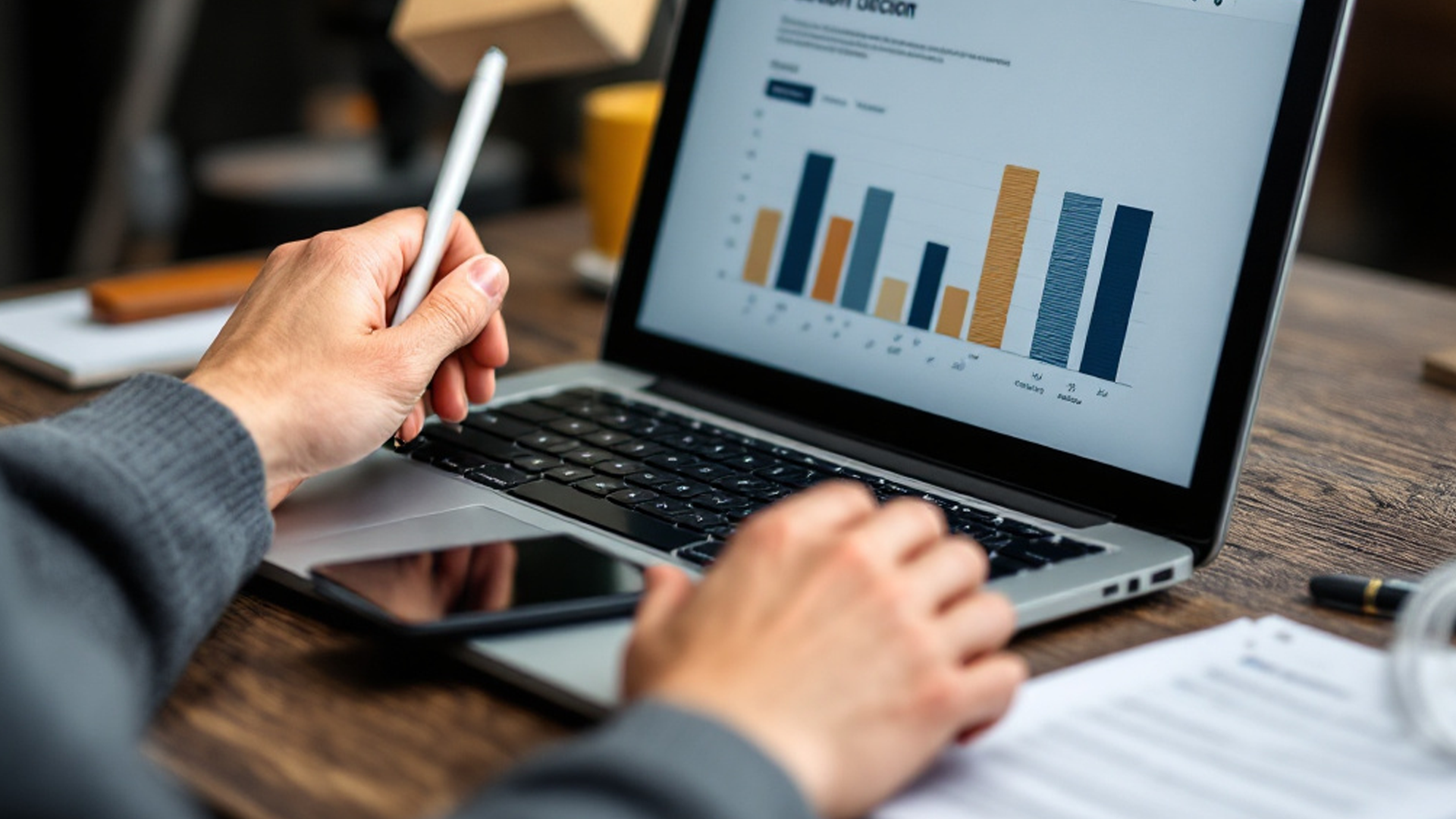 Close-up of hands working on a laptop with a bar graph on screen, holding a stylus.