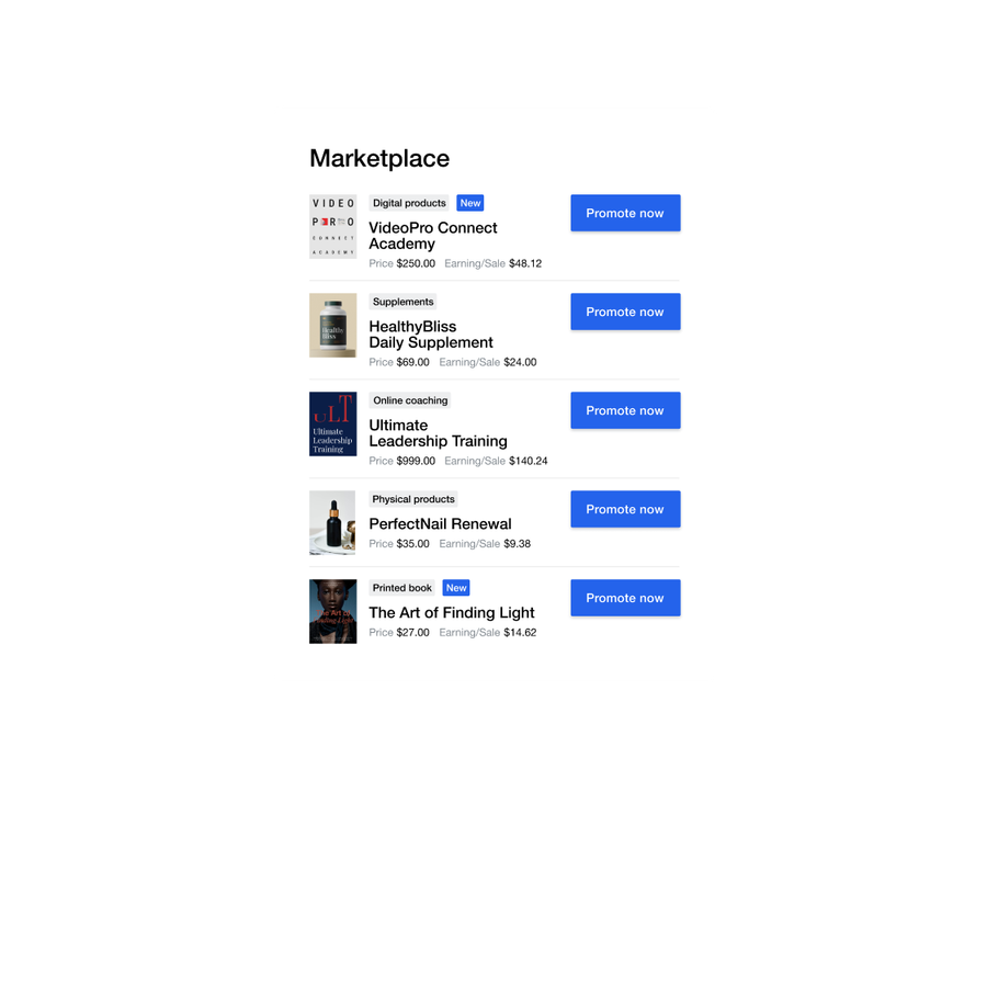 Marketplace screen displaying various product listings with "Promote now" buttons.