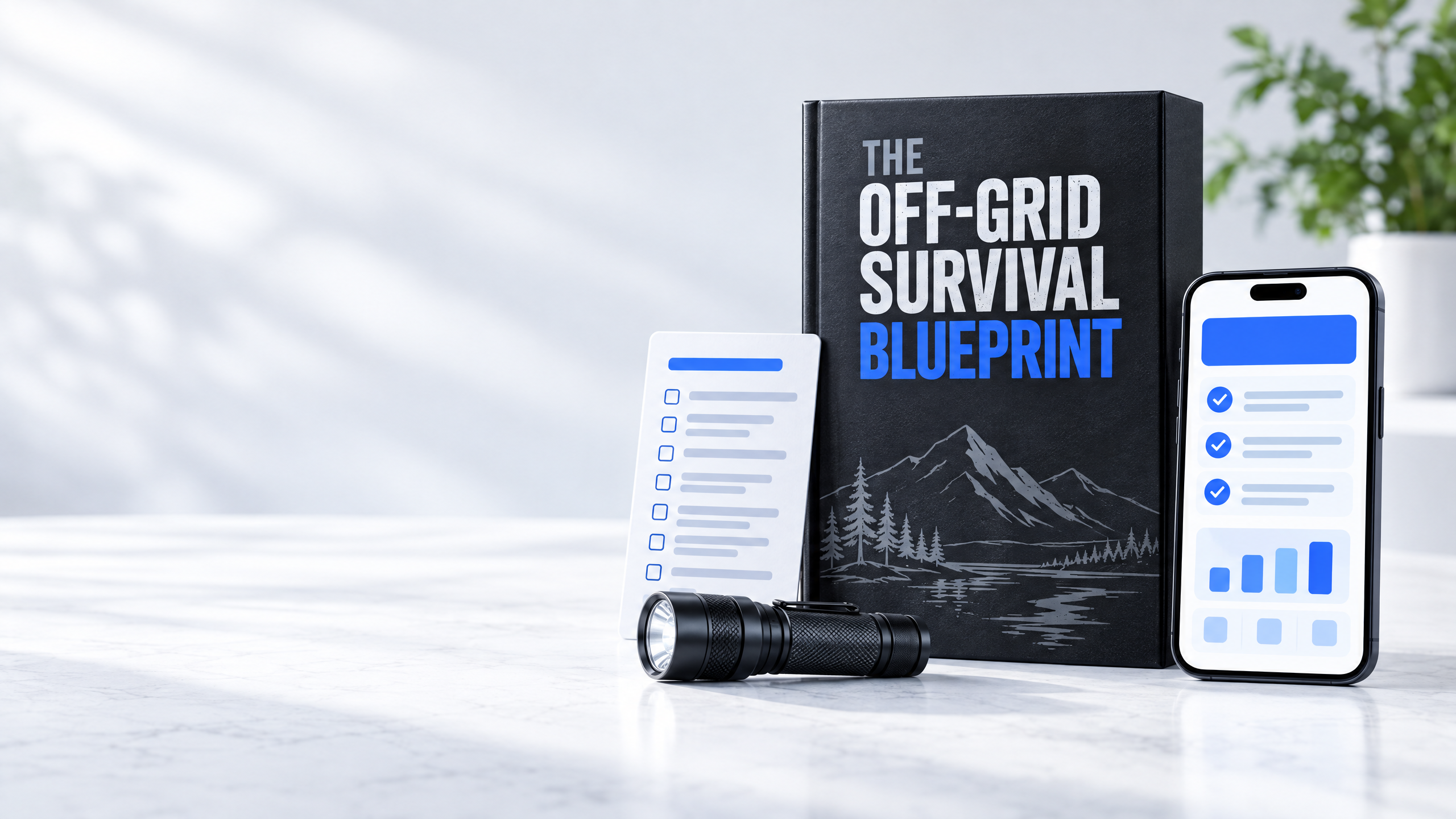 A book titled "The Off-Grid Survival Blueprint," a flashlight, a checklist, and a smartphone with a checklist app.