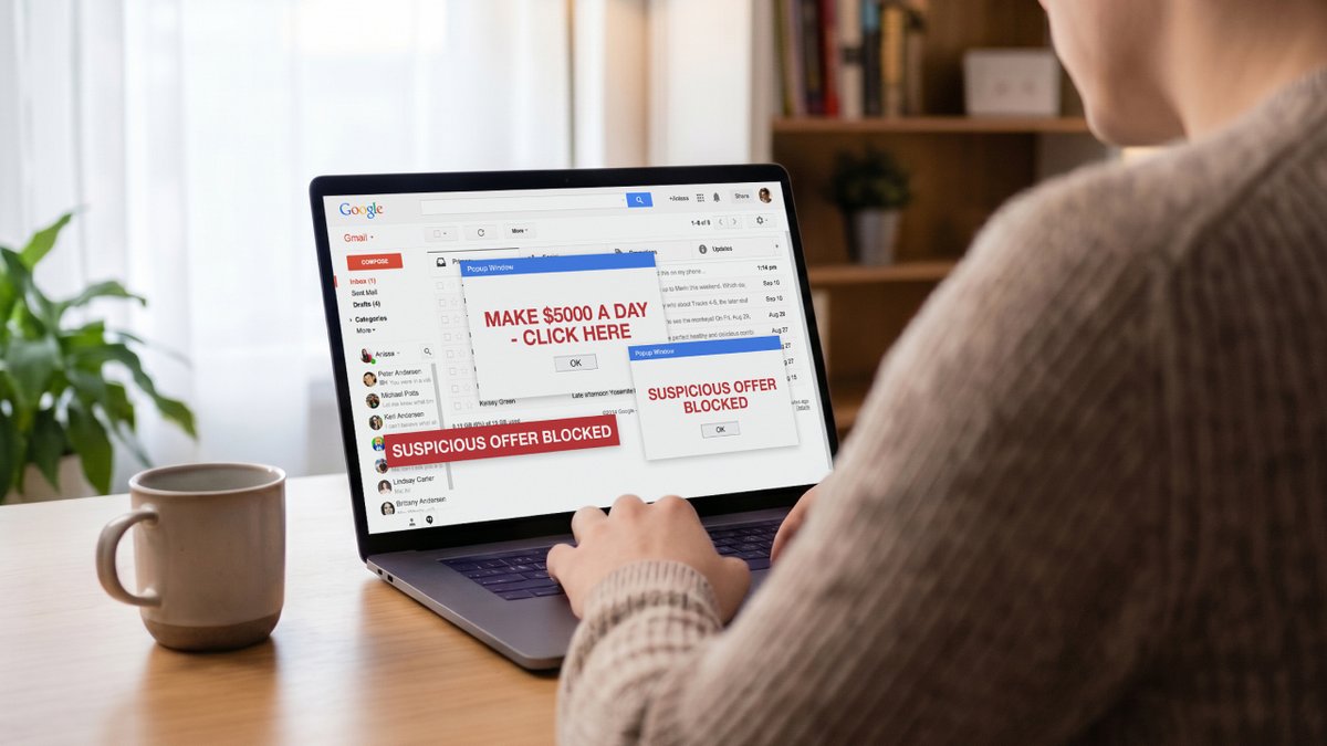 A person's laptop displays Gmail with a "Make $5000 a day - CLICK HERE" pop-up and a "SUSPICIOUS OFFER BLOCKED" warning.