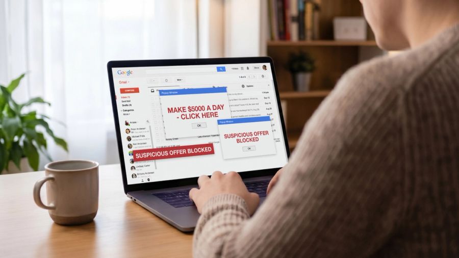 A person's laptop displays Gmail with a "Make $5000 a day - CLICK HERE" pop-up and a "SUSPICIOUS OFFER BLOCKED" warning.