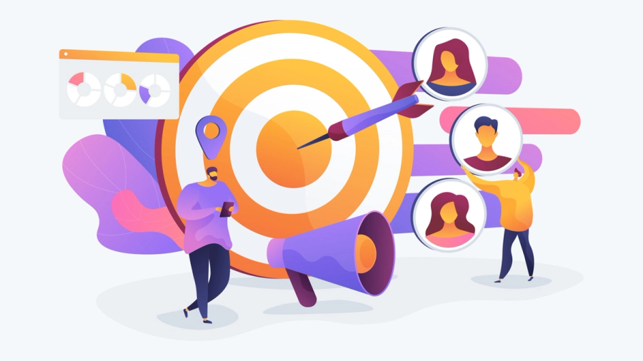 Illustration of targeted marketing with a bullseye, megaphone, customer profiles, and an analytics dashboard.