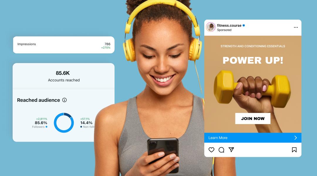 Smiling woman in yellow headphones looking at her phone, flanked by social media metrics and a fitness course advertisement.