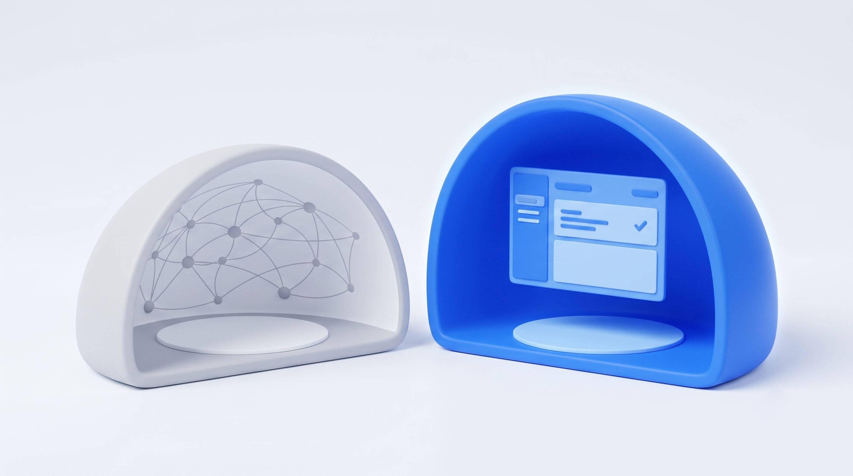 Two semi-circular objects: a grey one with a network graph, and a blue one with a stylized UI window.
