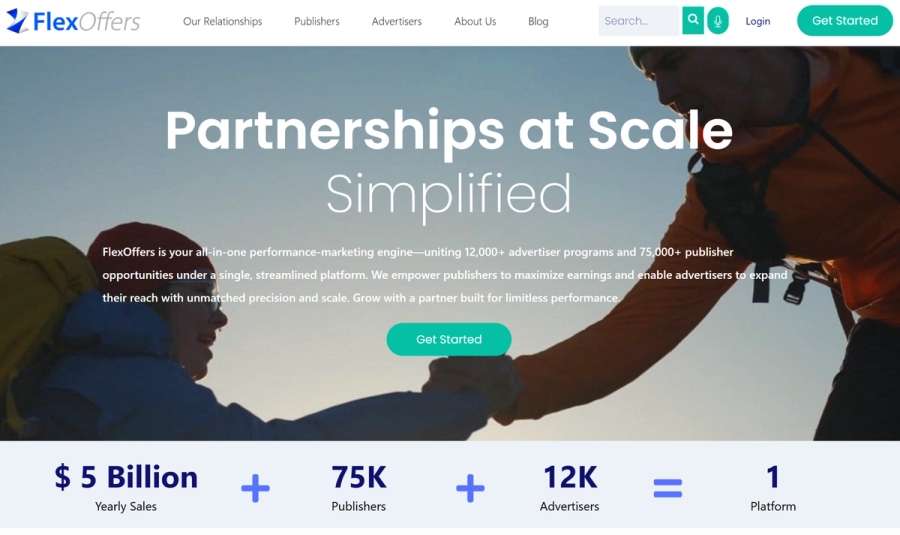 FlexOffers homepage showing two hikers, 'Partnerships at Scale Simplified' text, and marketing statistics.