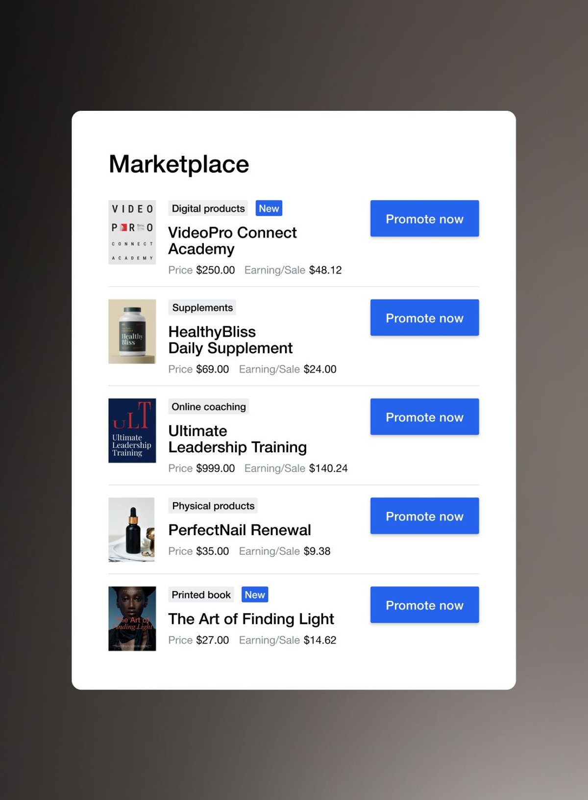 A marketplace interface displaying various products like digital courses, supplements, and books, each with a "Promote now" button.