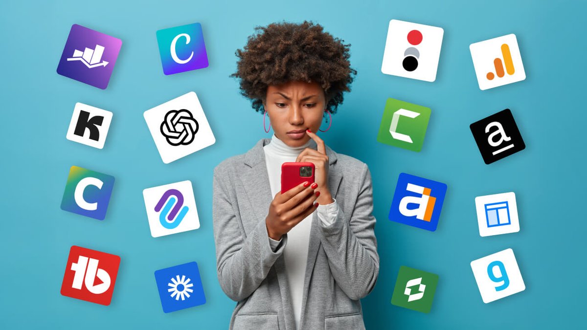 A woman looking at her phone with a pensive expression, surrounded by various floating app icons against a blue background.