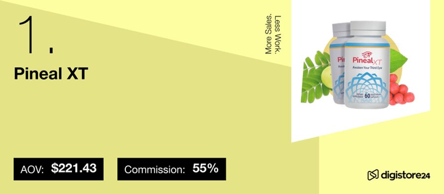 Pineal XT supplement ranked #1, showing two bottles with ingredients, a $221.43 AOV, 55% commission, and the text "More Sales. Less Work."
