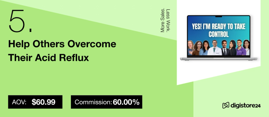 Affiliate offer #5: "Help Others Overcome Their Acid Reflux" with AOV $60.99 and 60% commission. A laptop screen shows diverse people and "YES! I'M READY TO TAKE CONTROL."