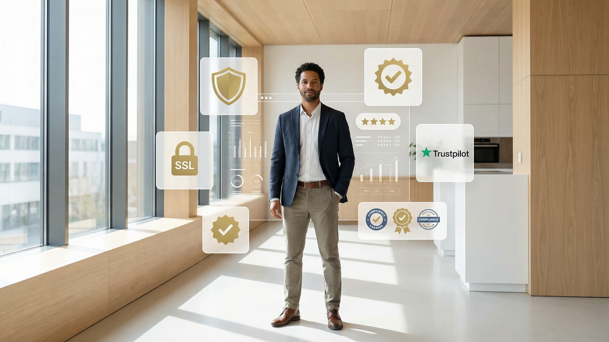 A man in a modern room surrounded by floating digital icons for security, SSL, quality, and trust ratings including Trustpilot.