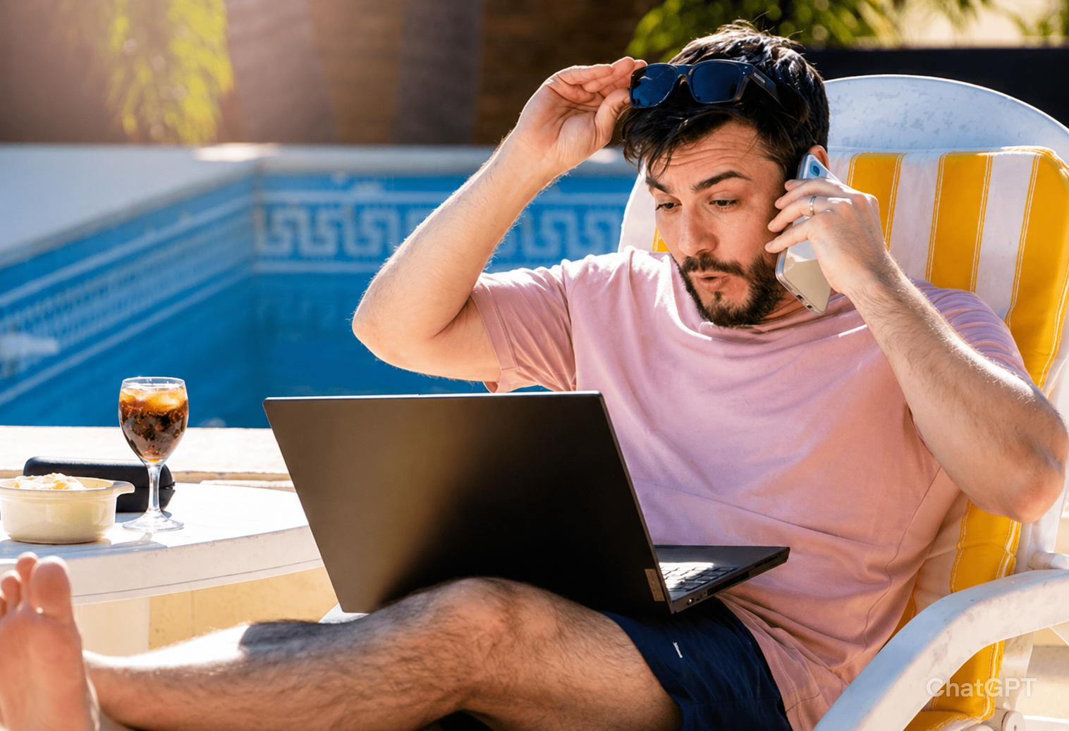 Man with a surprised expression talking on the phone while using a laptop by a pool.