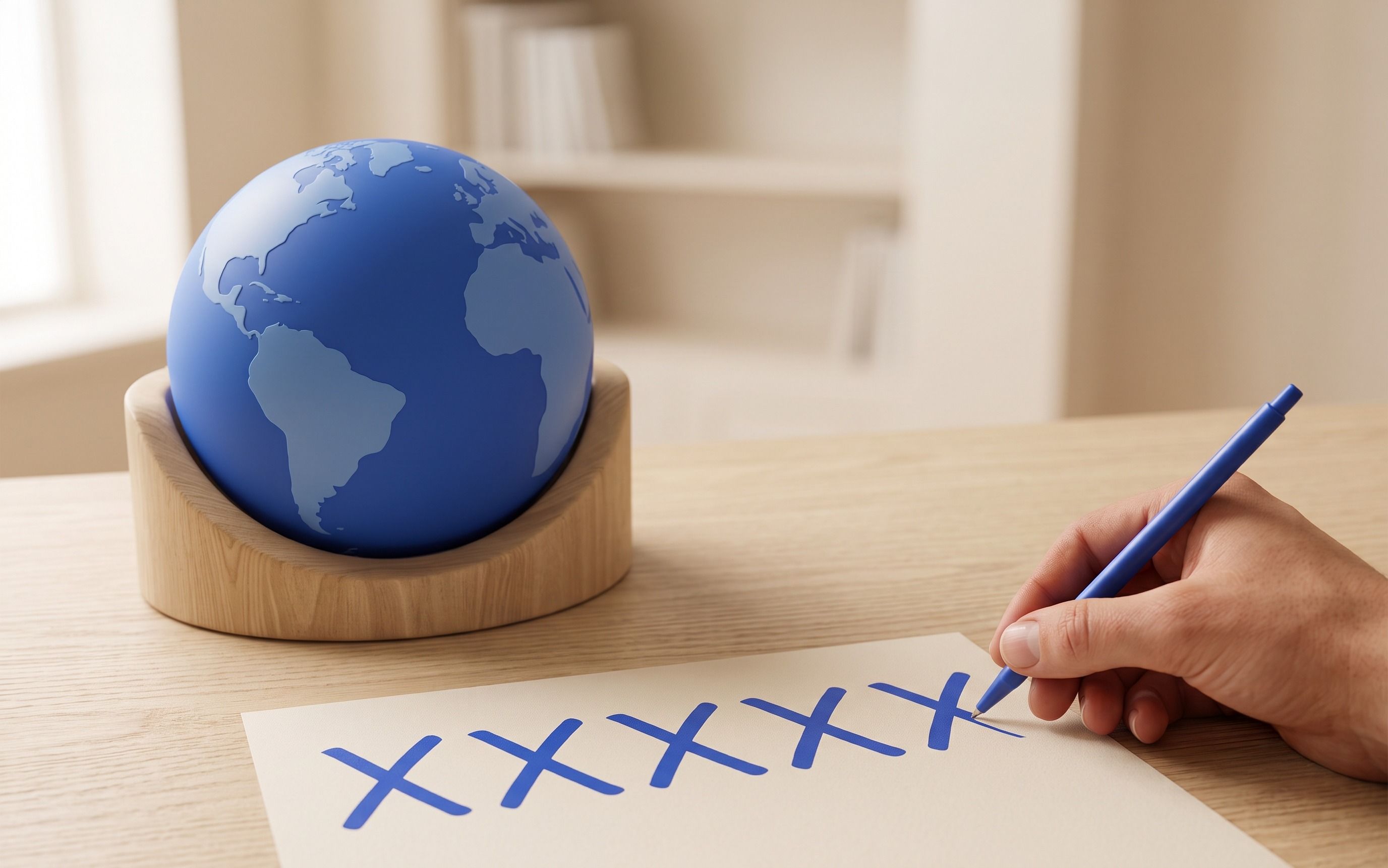 A hand writes blue 'X' marks on paper next to a blue globe on a wooden stand.