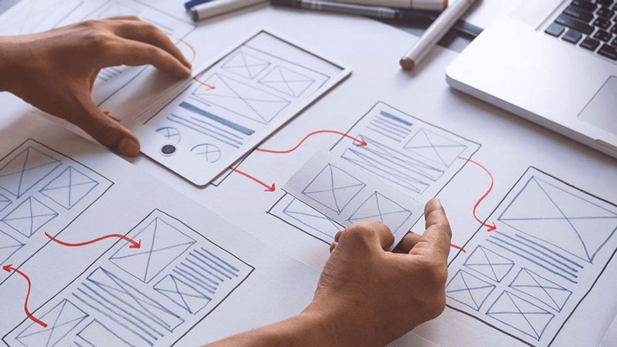 Hands arranging paper wireframes for UI/UX design with red flow arrows.