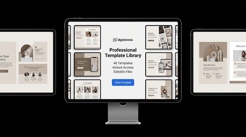 A desktop monitor displaying a "Professional Template Library" by digistore24 with 48 templates, flanked by two tablets showing various minimalist, earthy-toned design templates.