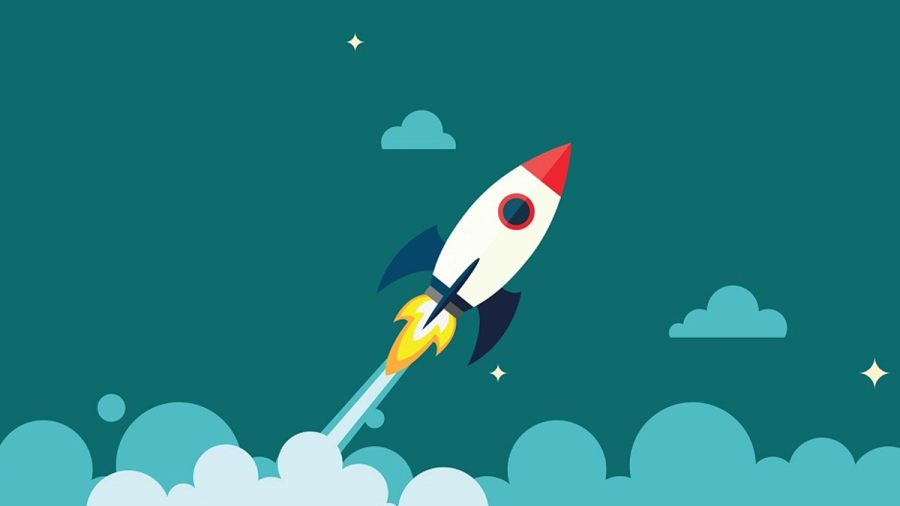 Cartoon rocket launching into a teal sky with clouds and stars.