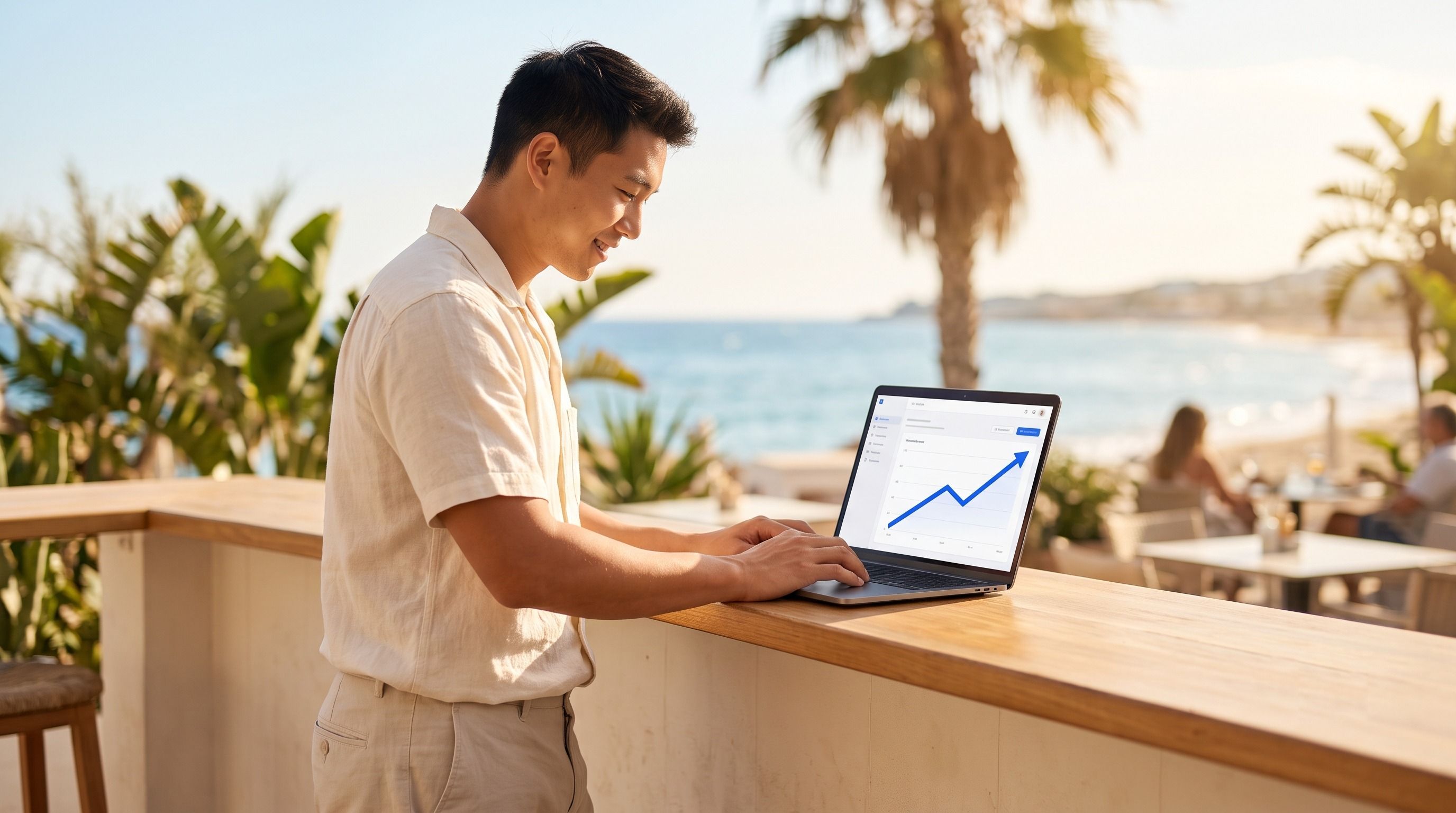 Smiling man working on a laptop with an upward trend graph, on a balcony overlooking a sunny beach.