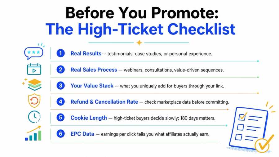 A checklist titled "Before You Promote: The High-Ticket Checklist" outlining 6 points for high-ticket promotions: Real Results, Real Sales Process, Your Value Stack, Refund & Cancellation Rate, Cookie Length, and EPC Data.
