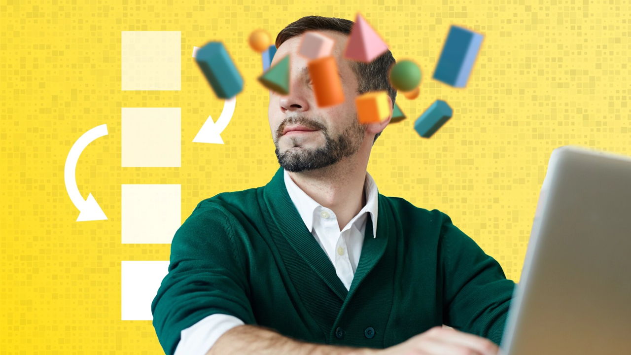 Man at a laptop with colorful geometric shapes floating near his head and a checklist/flowchart on a yellow background.