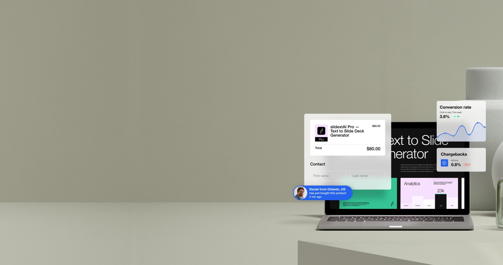 A laptop screen displaying a "Text to Slide Deck Generator" website, overlaid with pop-ups showing a product purchase, customer notification, and sales analytics.