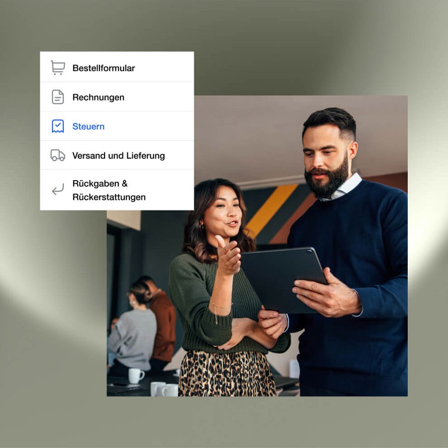 Menu with 'Steuern' (Taxes) selected, over two professionals discussing on a tablet.