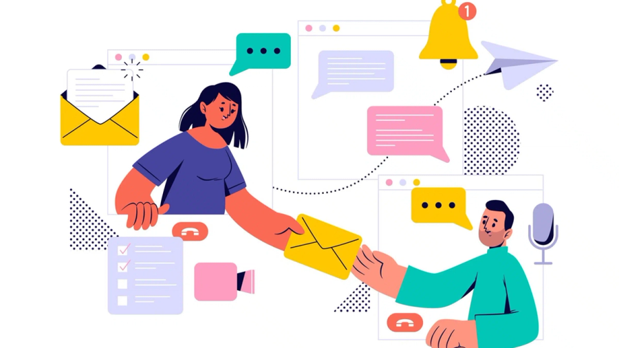 Two illustrated people exchanging an email across digital screens, surrounded by communication and productivity icons.