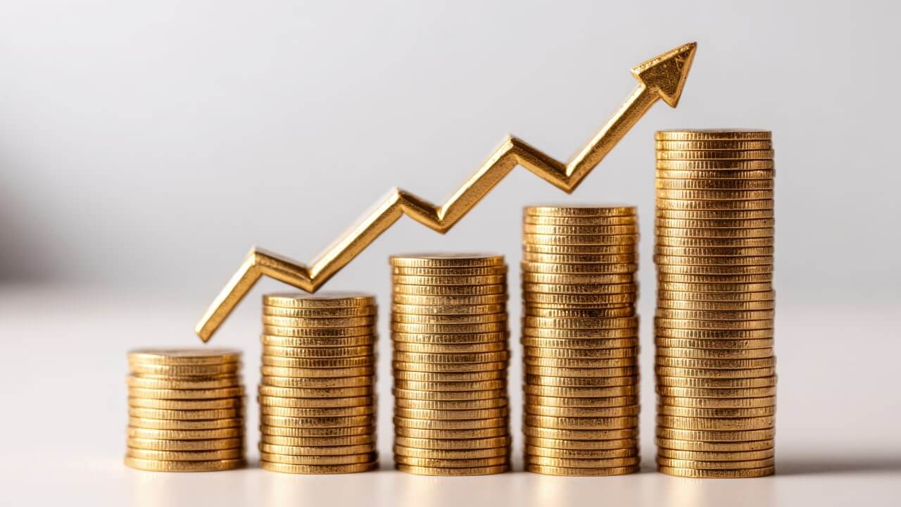 Increasing stacks of gold coins with an upward arrow, symbolizing growth.