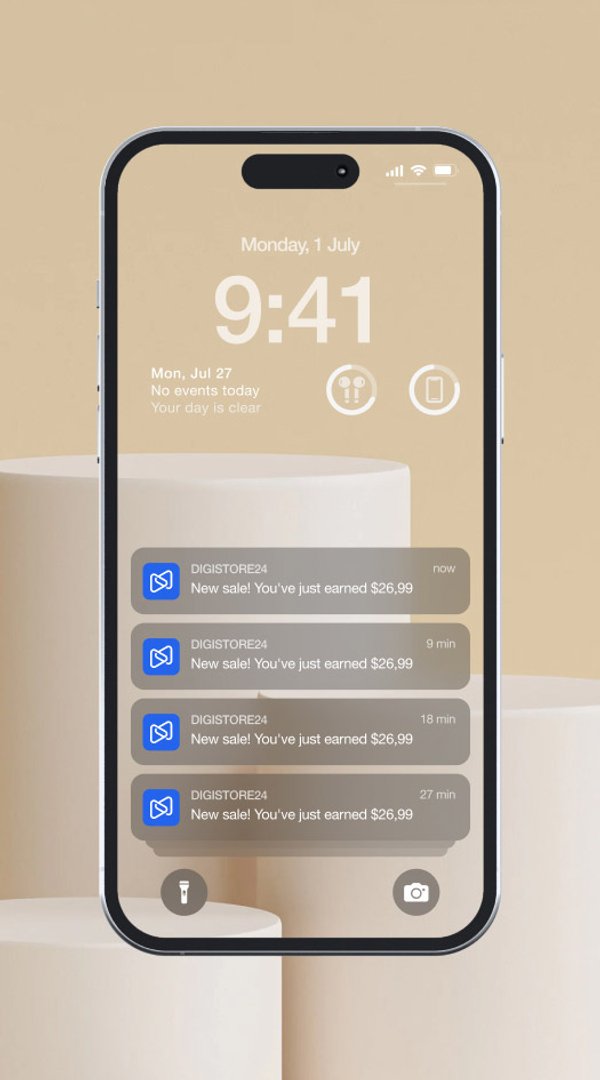Écran verrouillé d'un iPhone avec quatre notifications de DIGISTORE24 indiquant « Nouvelle vente ! Vous venez de gagner 26,99 $ », sur un fond marron clair avec des piédestaux blancs.