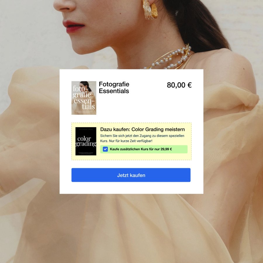 A German e-commerce pop-up offering "Fotografie Essentials" for €80 and an optional "Color Grading" course for €29.99.