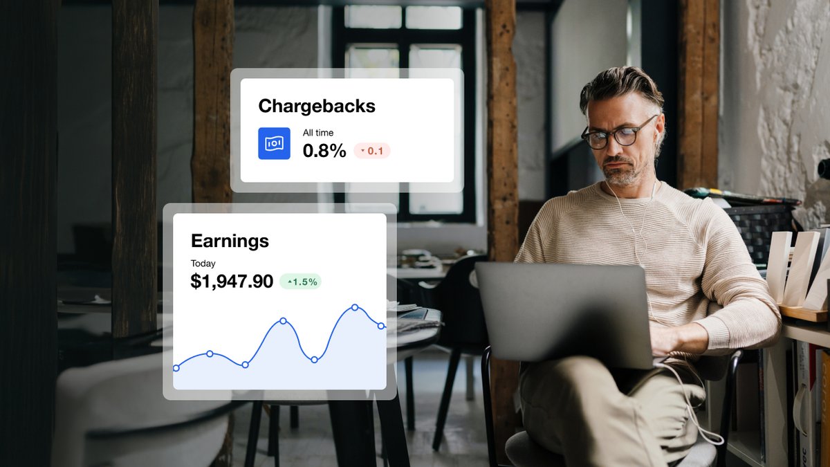 A focused man works on a laptop, while transparent overlays display "Chargebacks" and "Earnings" data, including a line graph.