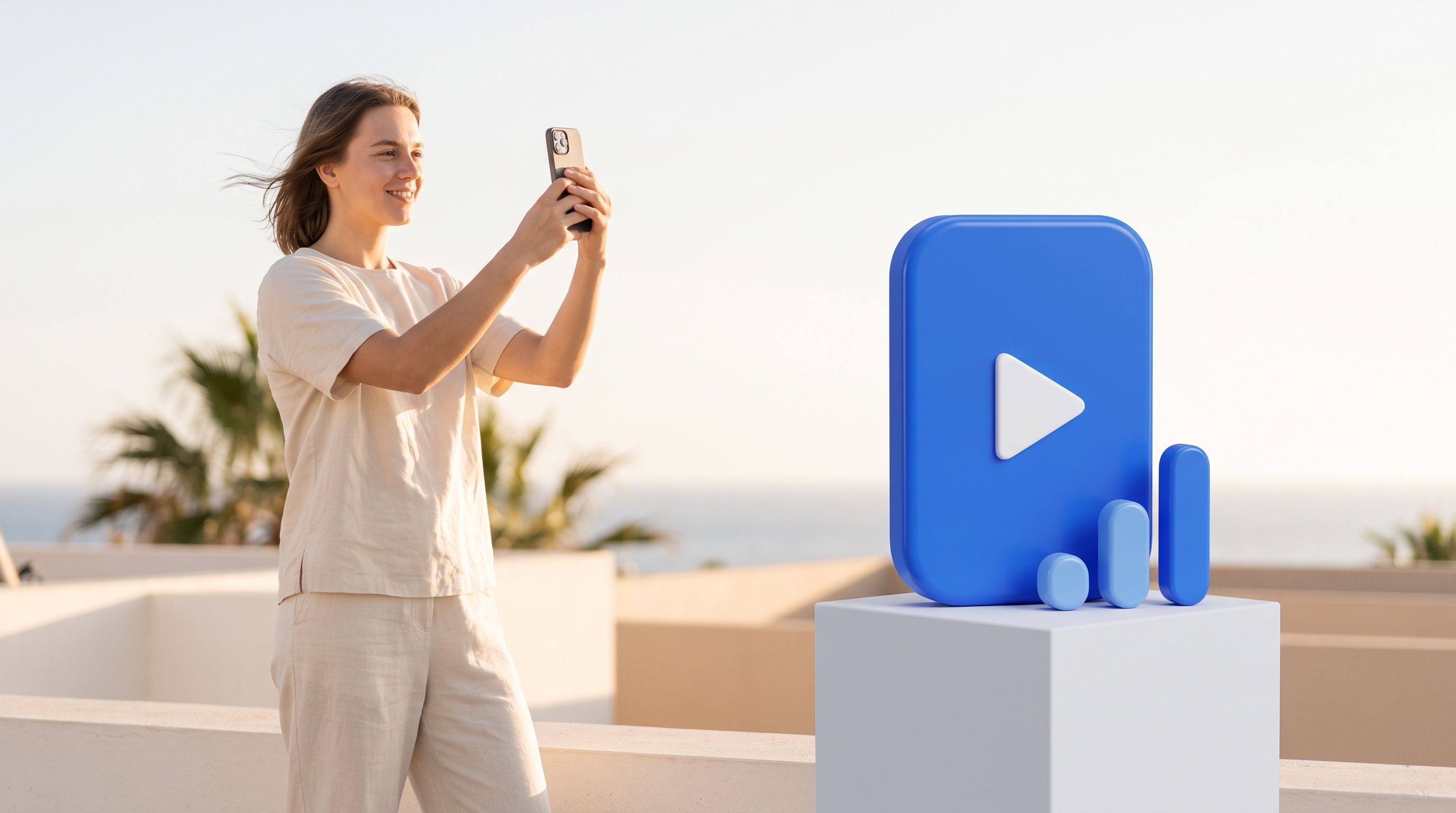 A woman photographs 3D blue video and sound icons with her phone on an outdoor terrace.