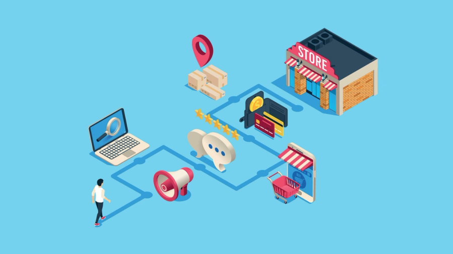 An isometric illustration depicting a connected customer journey from search and marketing to online and physical stores, payment, and delivery.
