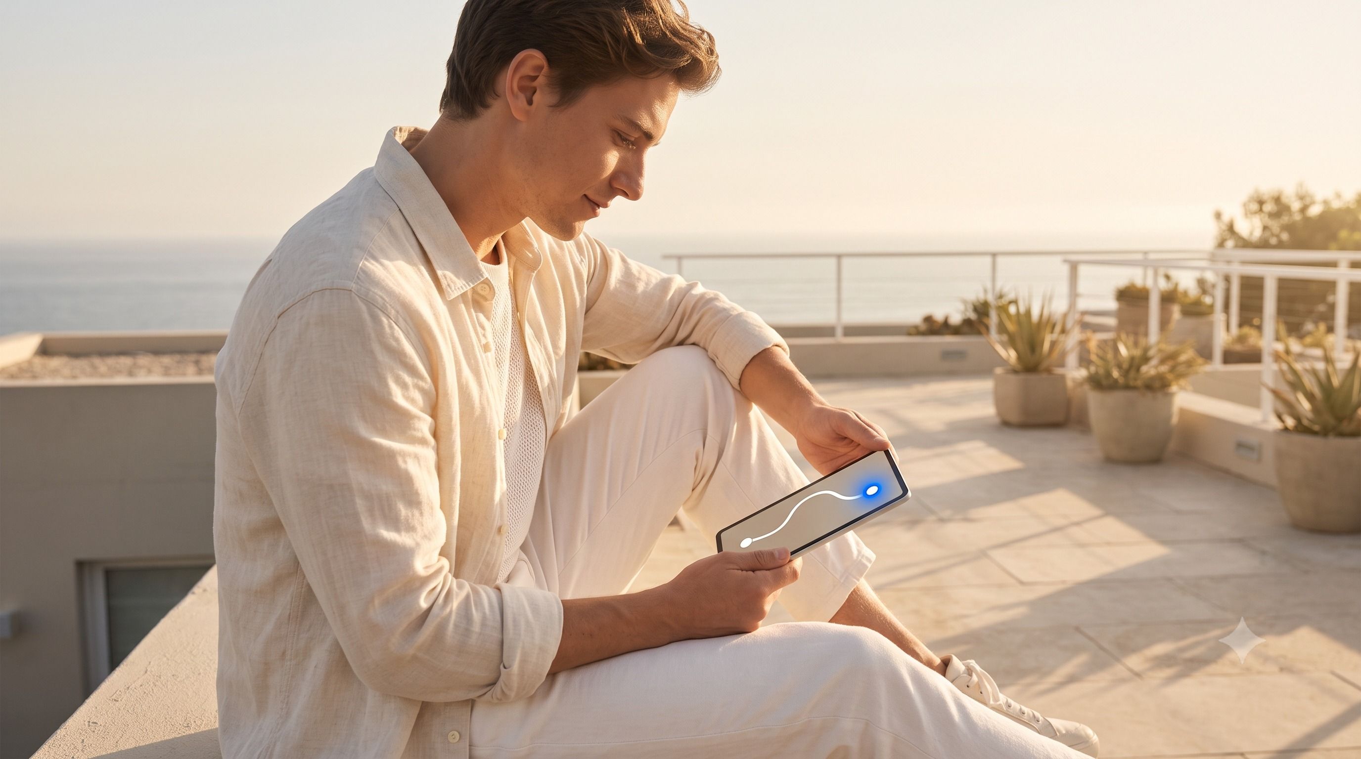 A man sits outdoors at sunset, looking at a smartphone displaying a curved line with a blue indicator.
