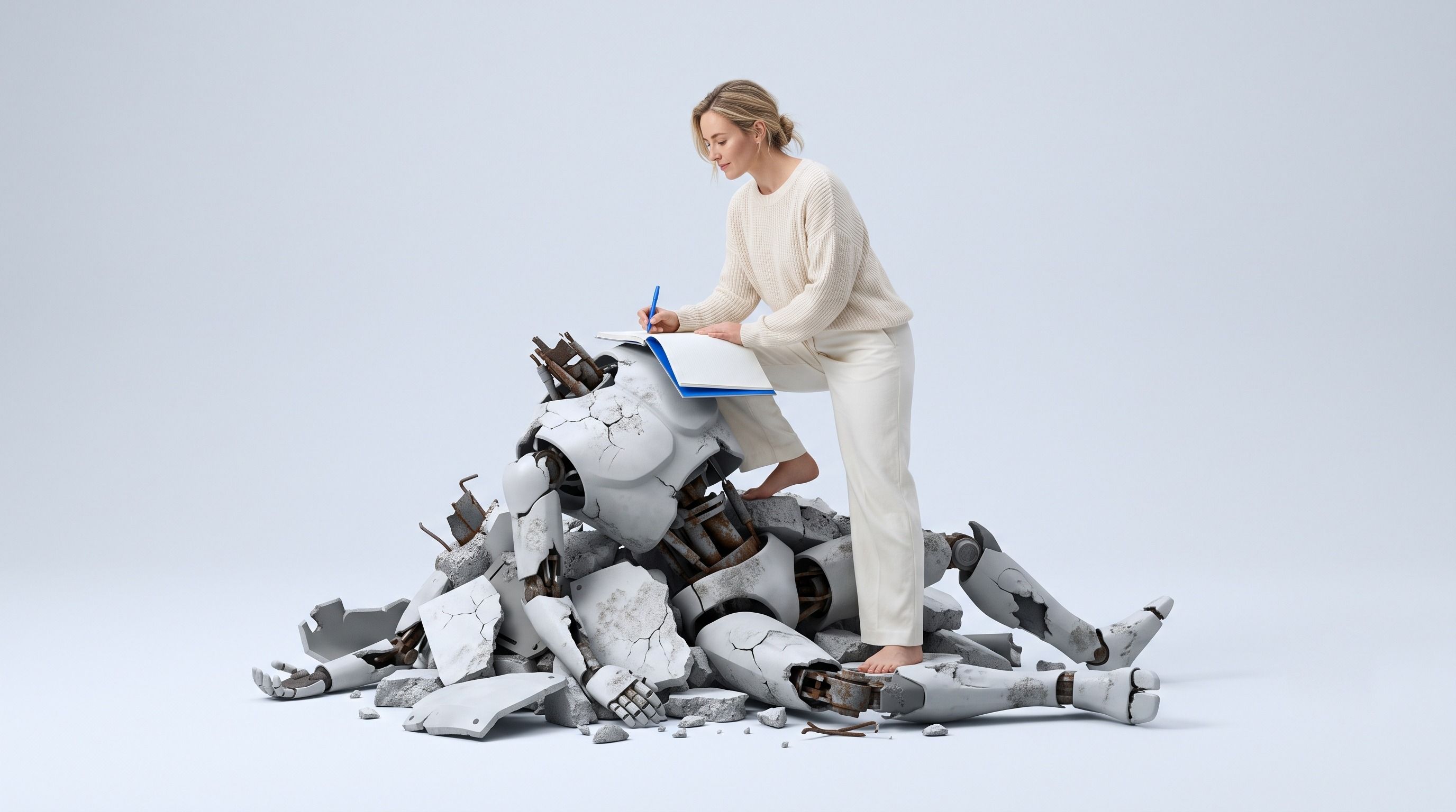 A woman stands barefoot on a pile of broken robot parts, writing in a notebook.