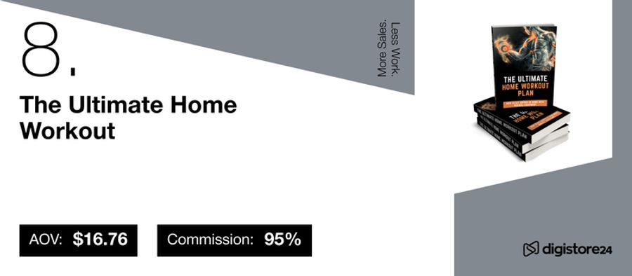 Digistore24 listing for "The Ultimate Home Workout" digital product, with AOV $16.76 and 95% commission.