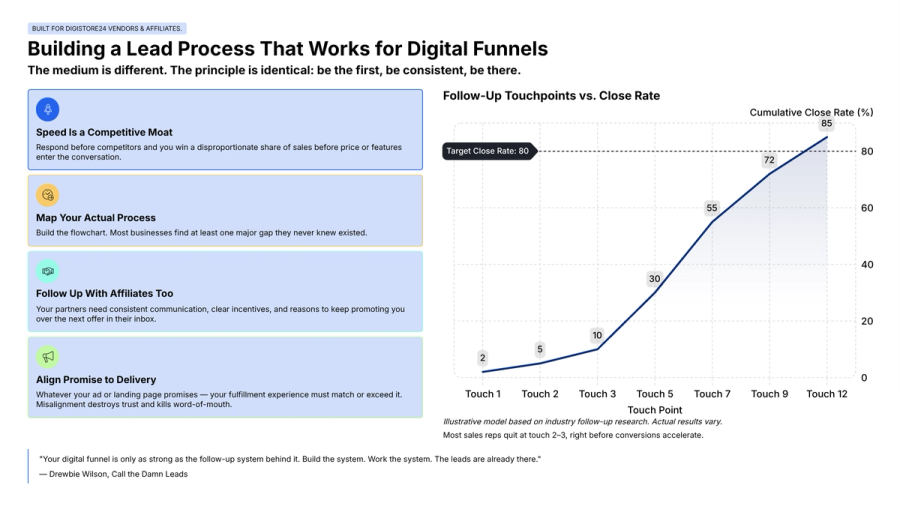 An infographic on building a lead process for digital funnels, outlining four strategies and featuring a line graph that shows cumulative close rate increasing from 2% at Touch 1 to 85% at Touch 12 with more follow-up touchpoints.