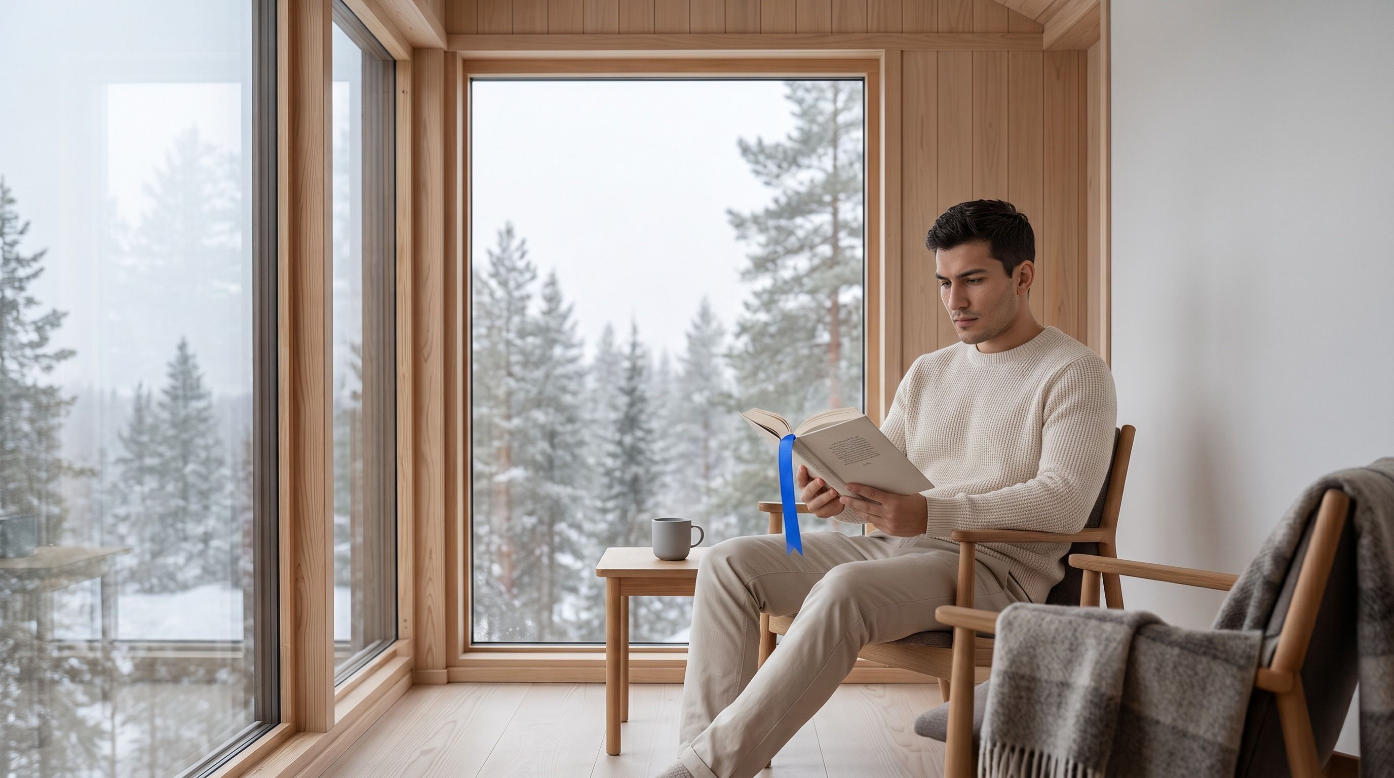 A man in a cream sweater reads a book in a modern room with large windows overlooking a snowy forest.