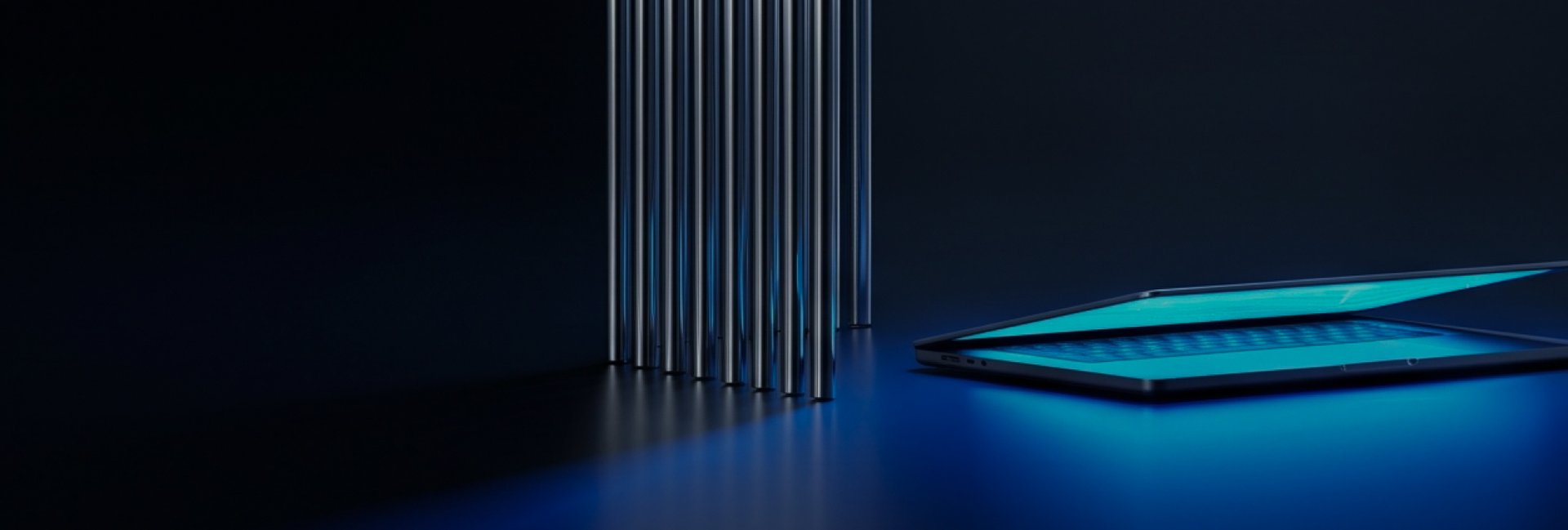 A partially open foldable laptop with a blue screen next to a row of vertical reflective bars, all on a dark, blue-lit surface.