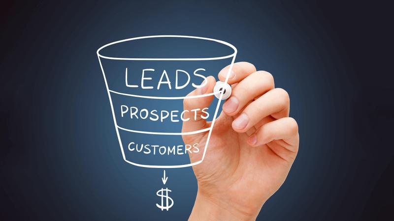Hand drawing a sales funnel with labels LEADS, PROSPECTS, CUSTOMERS, and a dollar sign at the bottom.