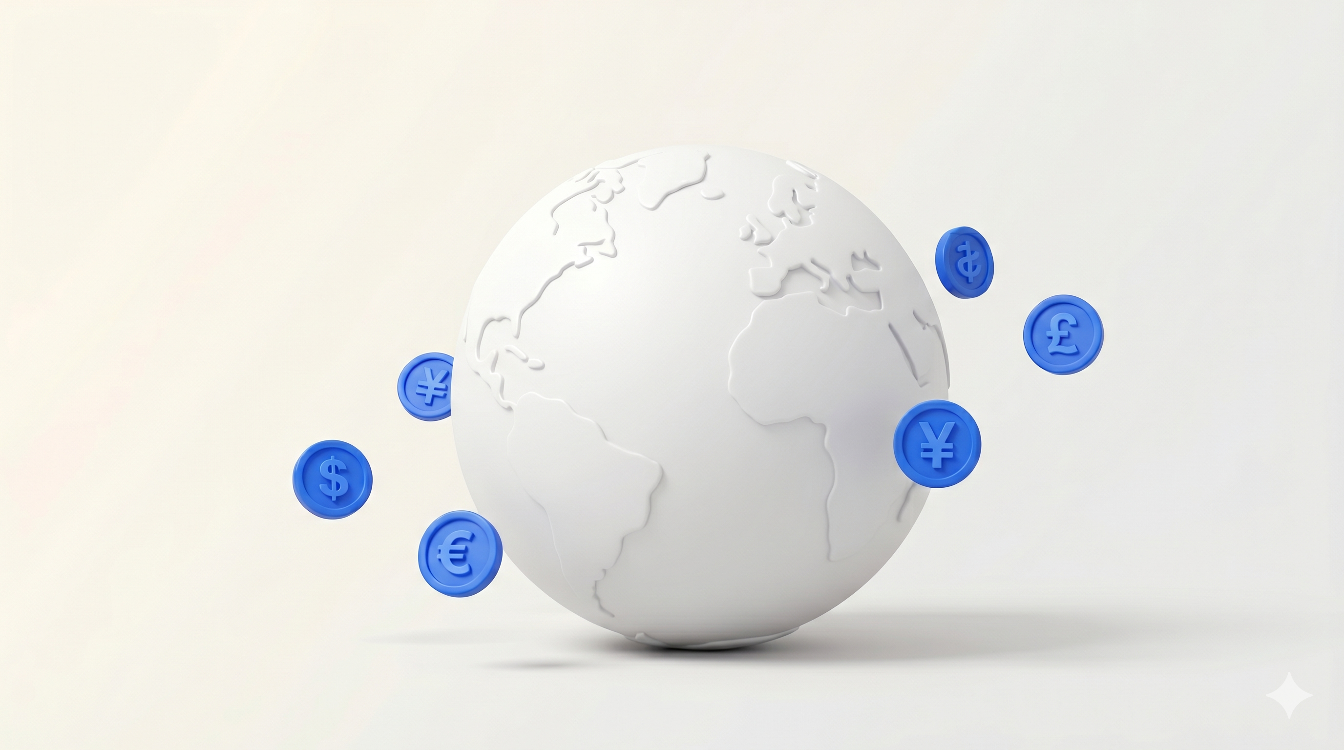 A white globe with blue coins depicting dollar, euro, yen, and pound symbols floating around it.