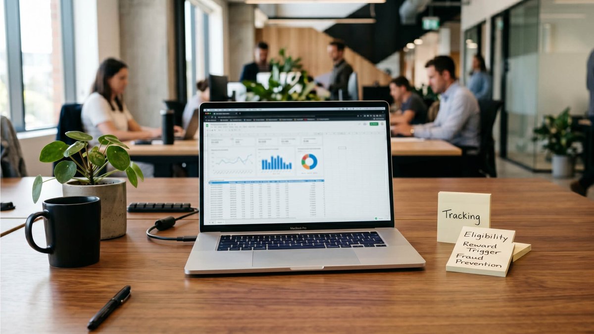 A laptop displaying data charts on a wooden desk in an open-plan office where people are working.