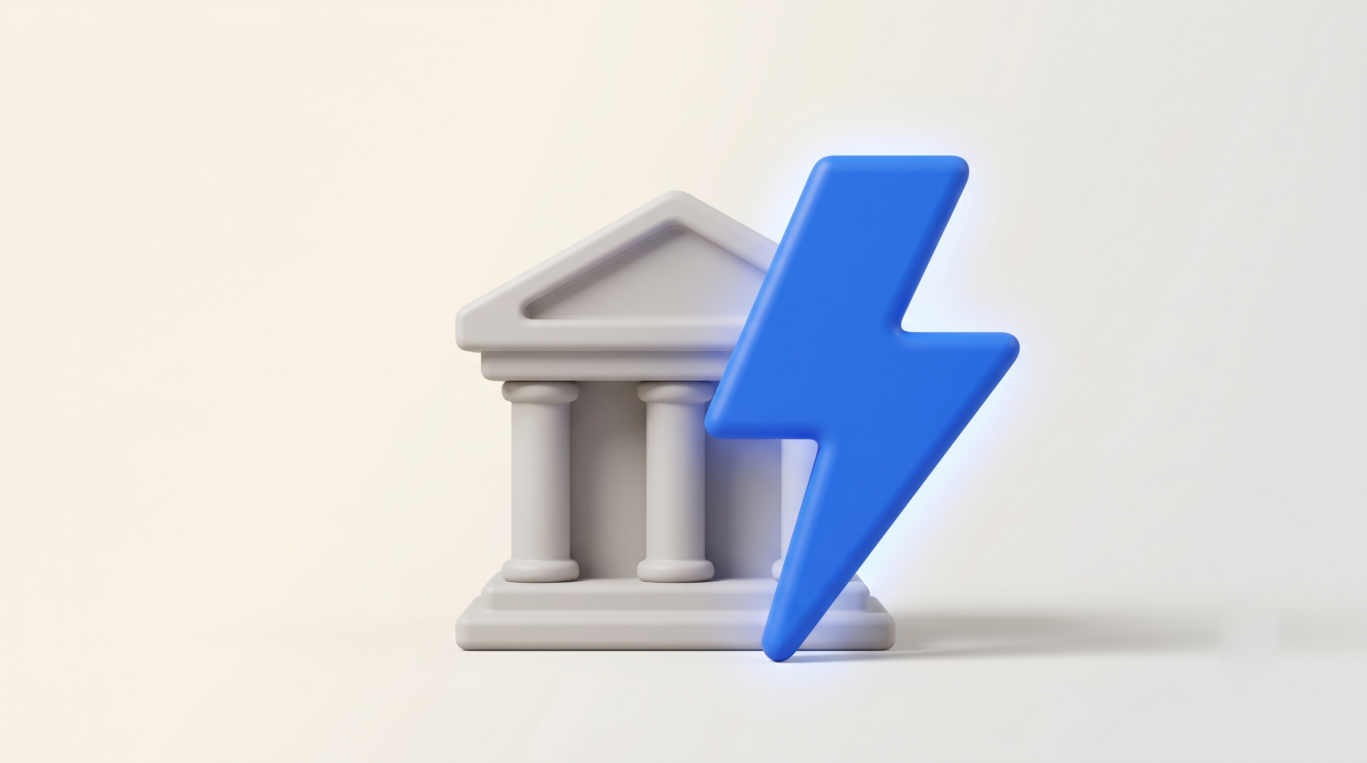 3D rendering of a grey bank building icon with a blue lightning bolt in front.