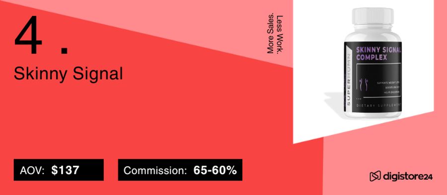 Digistore24 listing #4 for Skinny Signal Complex dietary supplement, with AOV $137 and 65-60% commission.