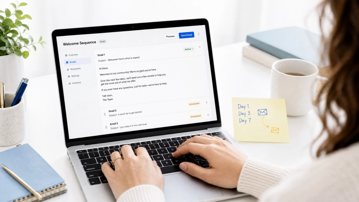 A person typing on a laptop displaying an email welcome sequence editor, with a sticky note showing an email schedule.